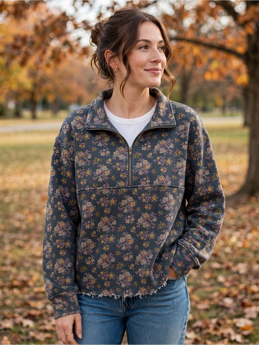 Natural Life L/XL Floral Half Zip Pullover Sweatshirt Collared Boho Quarter Zip